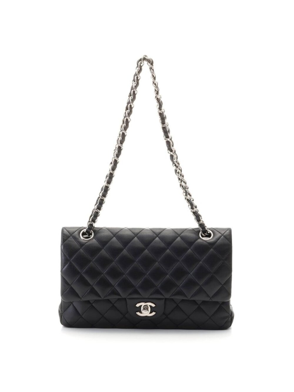 Chanel Quilted Double Flap 25 Chain Shoulder Black Silver Bag Lambskin